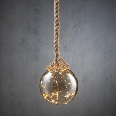 BALL GREY ON ROPE 30LED BATTERY OPERATED, fi14cm