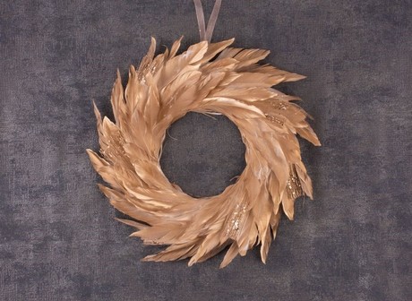 CHRISTMAS WREATH MADE OF FEATHERS, GOLD 35cm