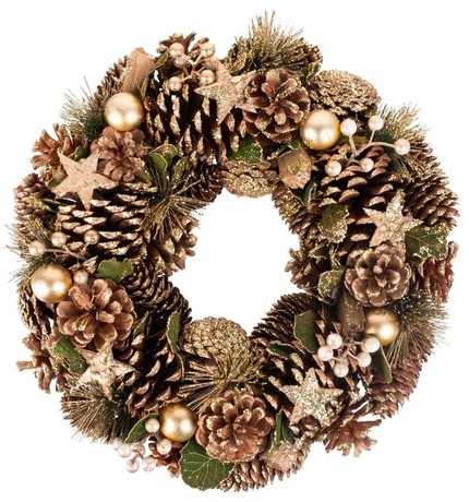 ADVENT WREATH WITH PINE CONES AND ORNAMENTS, BRONZE 34cm