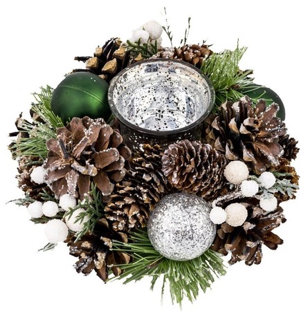 CHRISTMAS WREATH, CONES AND GREEN BAUBLES